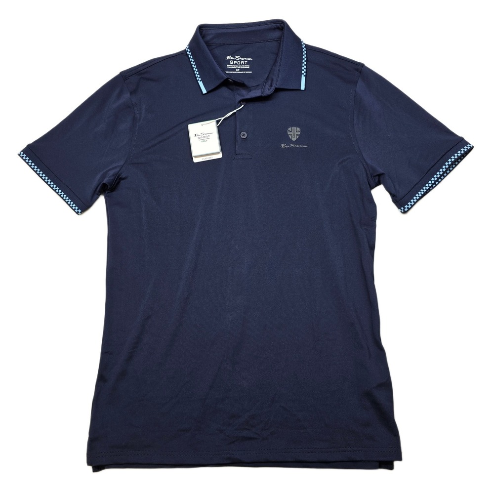 Ben Sherman Sport Tech Pique Polo Shirt‎ Mens Small Navy Blue Checker Golf NEW